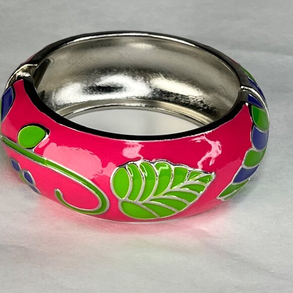 Colorful Floral Hinged Bangle Bracelet With Pink Green & Purple Enamel Design On - Picture 3 of 5